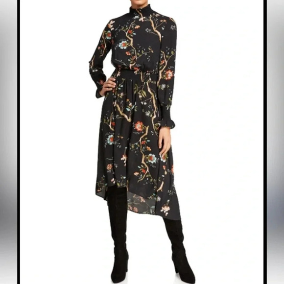 Nanette Lepore Floral Smocked High/Low Dress in Very Black Multi. Size 14. NWT. - Picture 1 of 13